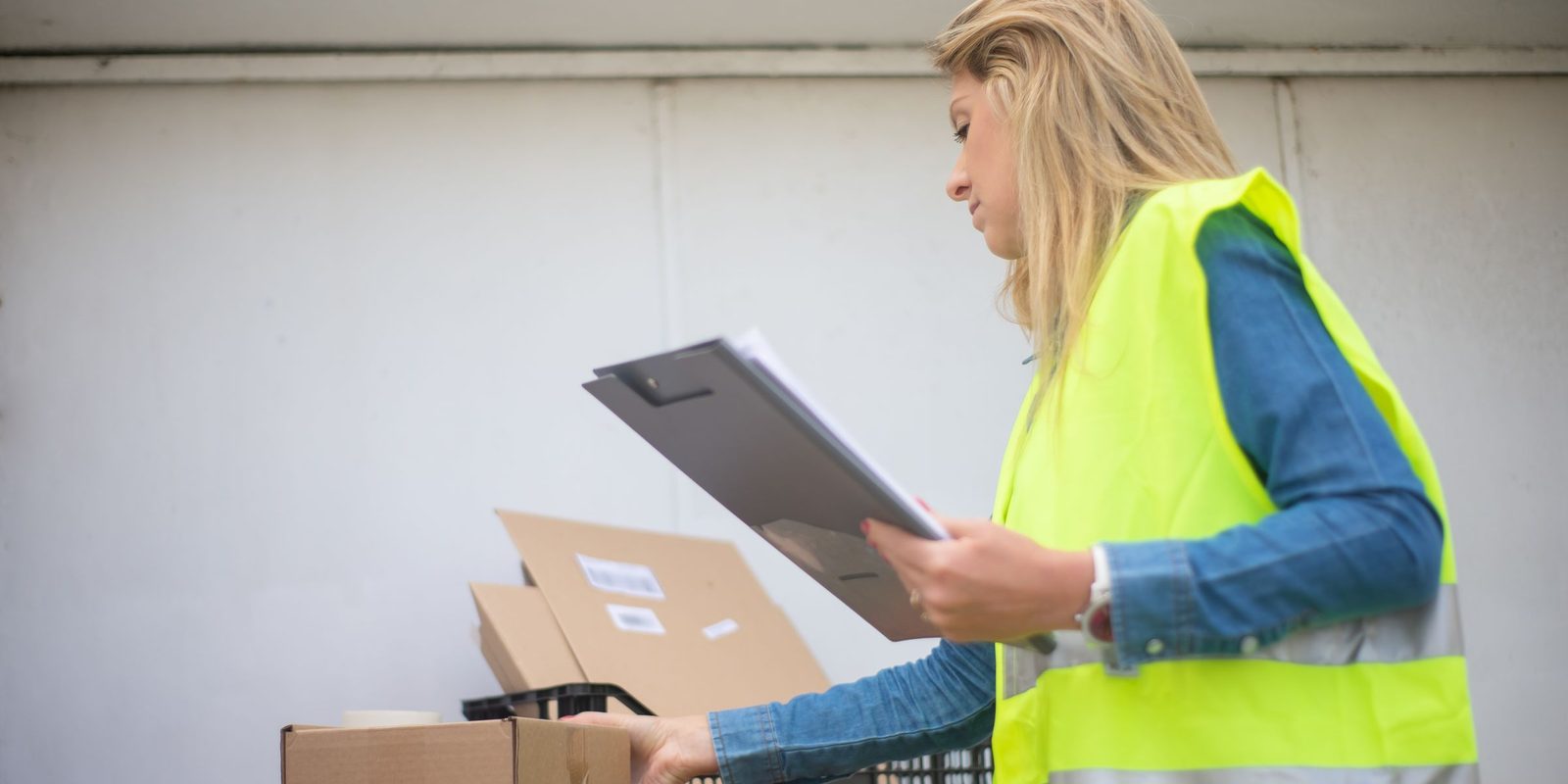 A woman in a yellow high-visibility vest holds a clipboard and checks a cardboard box