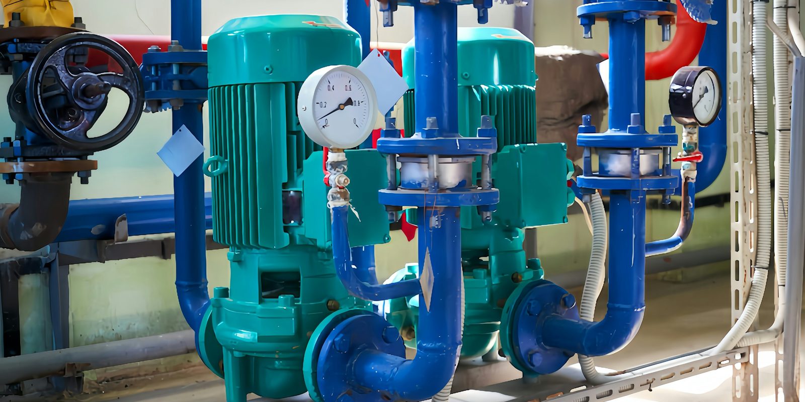 Two teal vertical inline pumps with blue piping, valves and pressure gauges in a clean pump room
