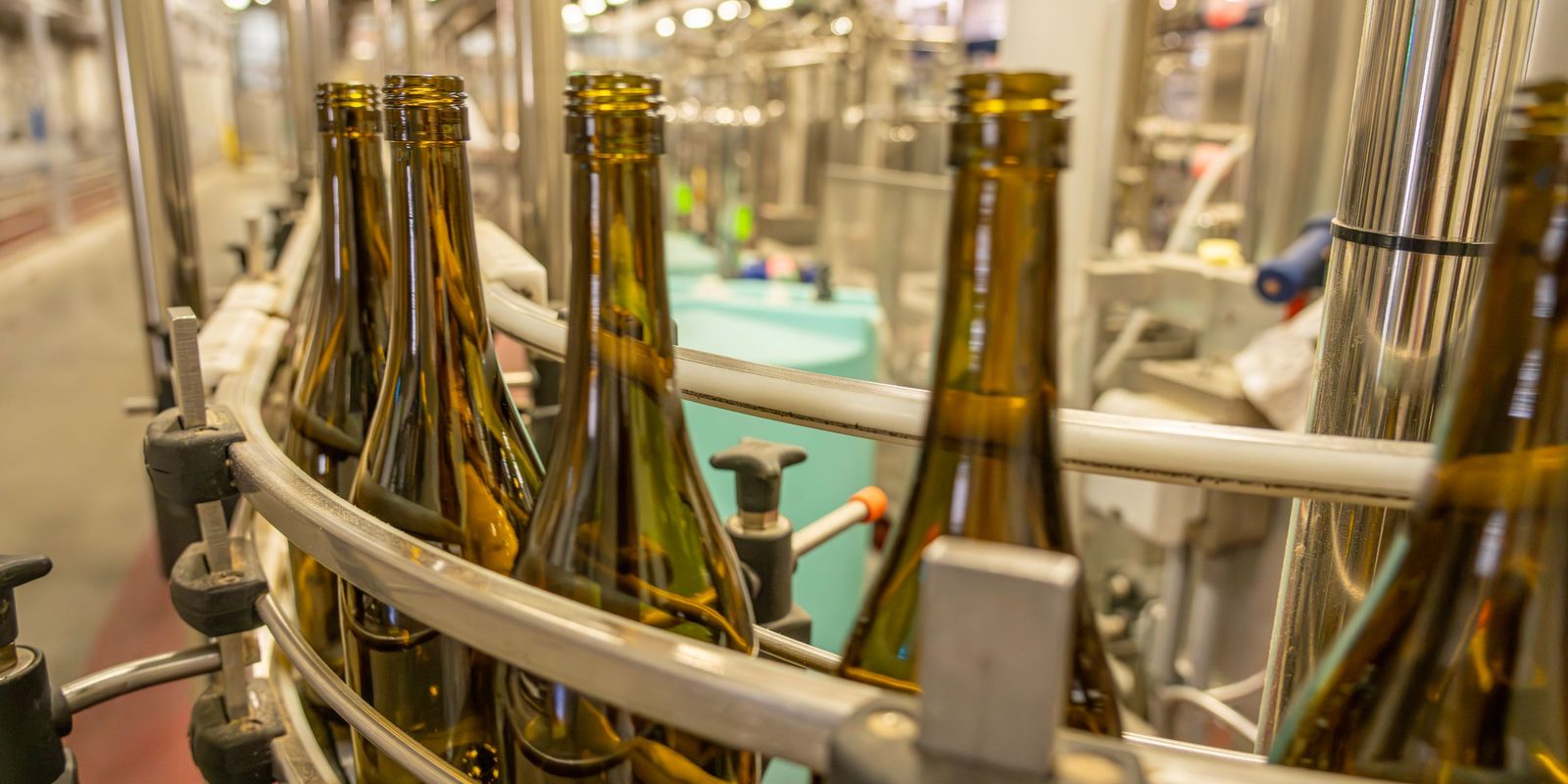 Empty green wine bottles move along a curved guide rail on a bottling line
