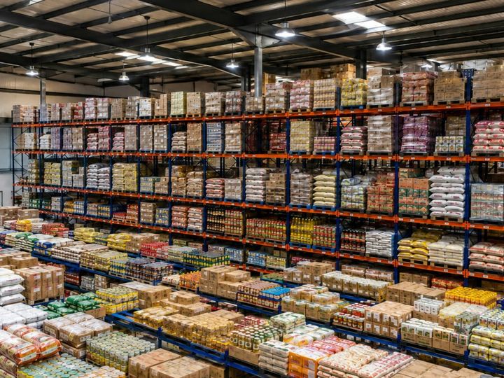 A wholesale warehouse with tall racks of packaged food and drinks