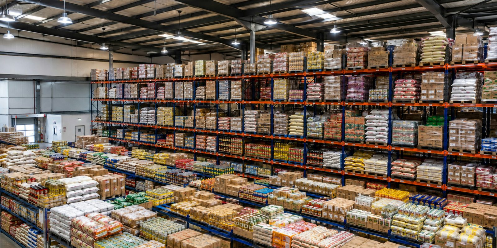 A wholesale warehouse with tall racks of packaged food and drinks, and pallets of stock in the aisles below