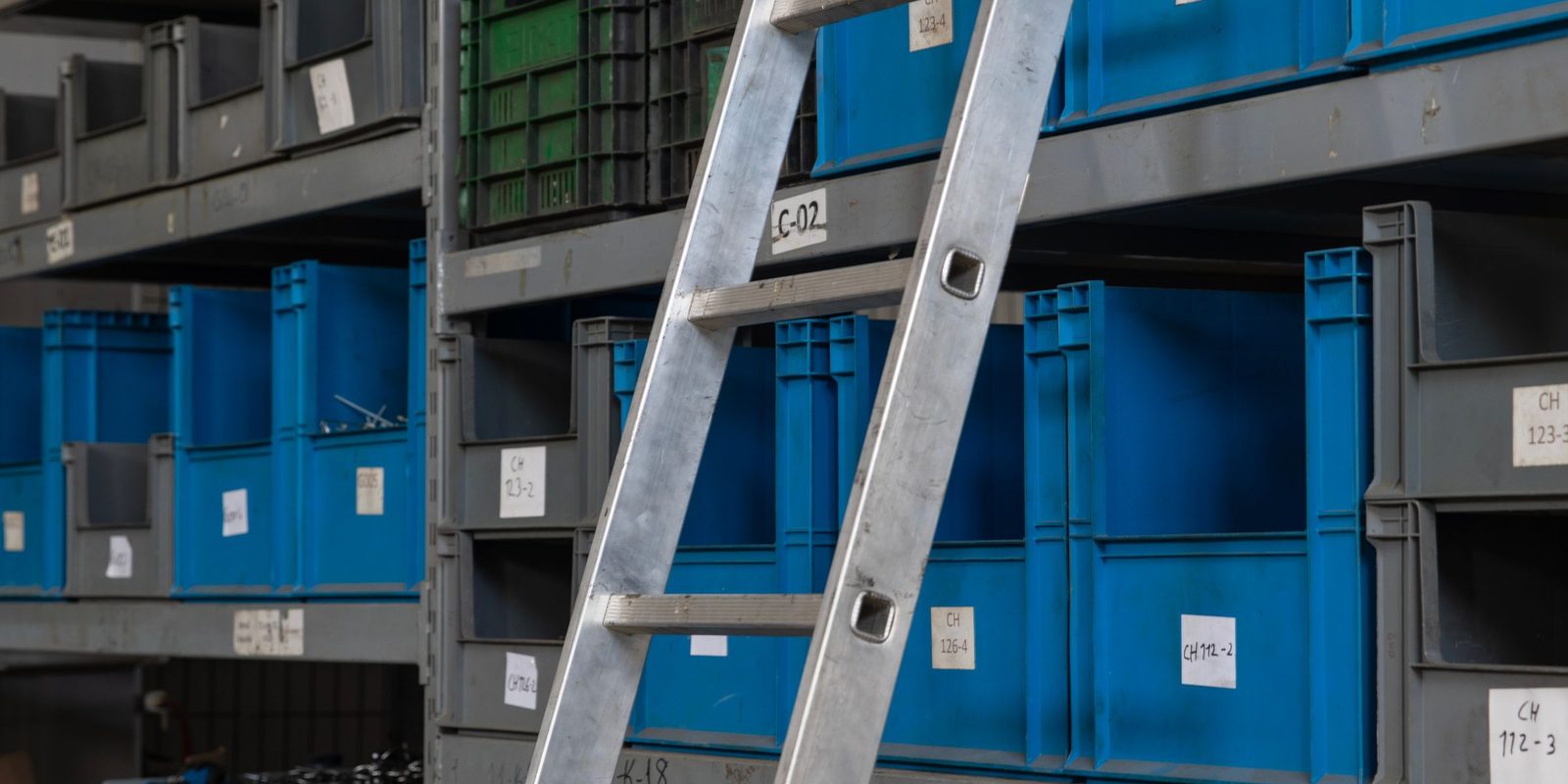 Blue and grey parts bins on steel shelves, each labelled with a bin code, with an aluminium ladder leaning on the rack
