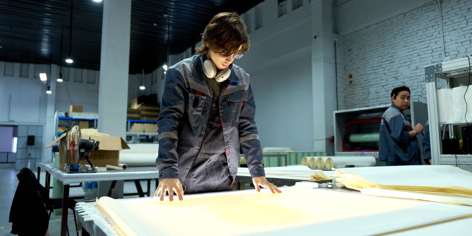 A worker in a grey work jacket smooths a large sheet of material on a cutting table in a bright factory, with a colleague behind